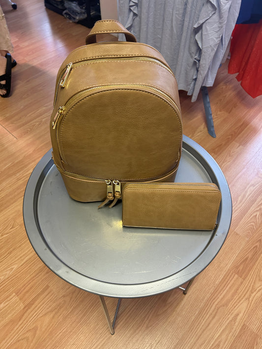 Brown Metallic Backpack w/ Wallet