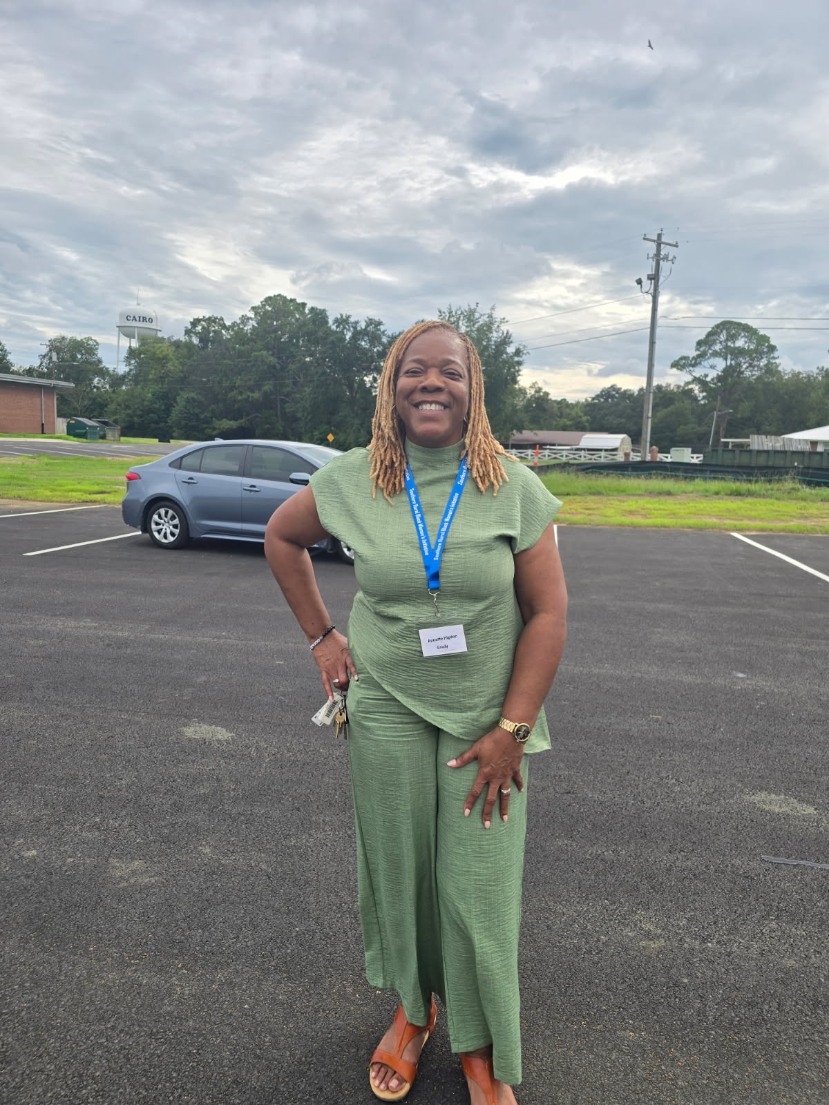 Green 2pc pantsuit wore by the owner Apostle Annette Higdon