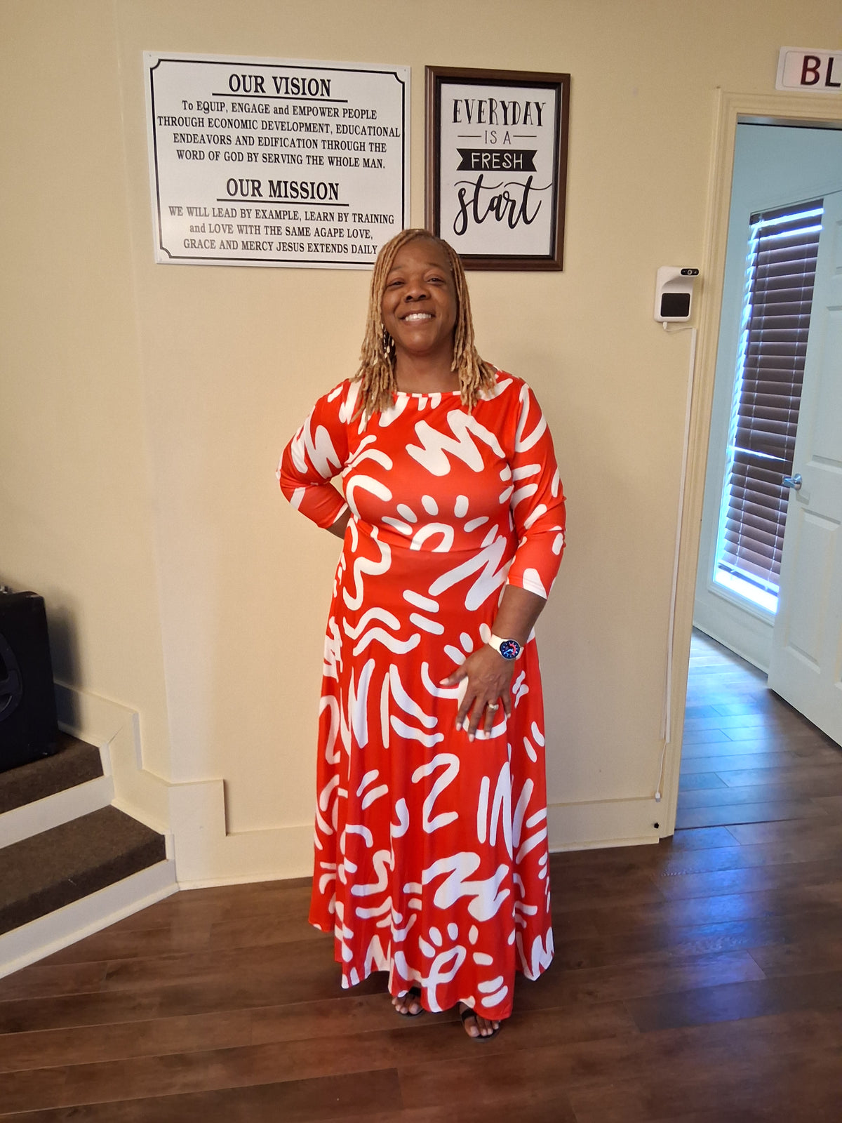 Come on in to your local boutique Fresh Start Variety Shop location 240 5th Street NE Cairo GA where the owner Apostle Annette Higdon wearing a beautiful orange and white dress all items you are seeing are available in store and online