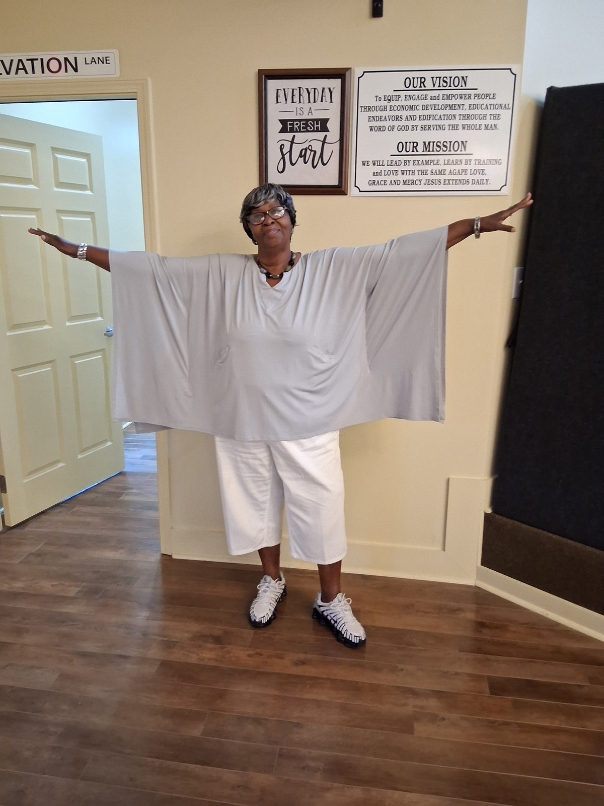 Come on in to your local boutique Fresh Start Variety Shop location 240 5th Street NE Cairo GA where the owner Apostle Annette Higdon wearing a beautiful orange and white dress all items you are seeing are available in store and online